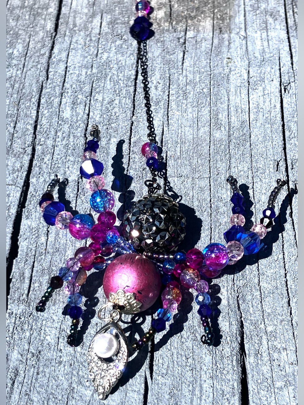 Blue and Pink Beaded Spider Sun catcher with pearl charm and silver accents - Picture 7 of 7